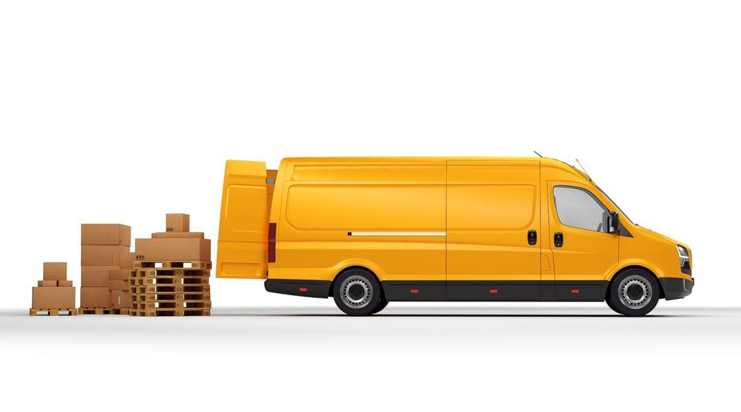 Parcel delivery in van transportation truck on white. Transport, shipping industry. 3D illustration